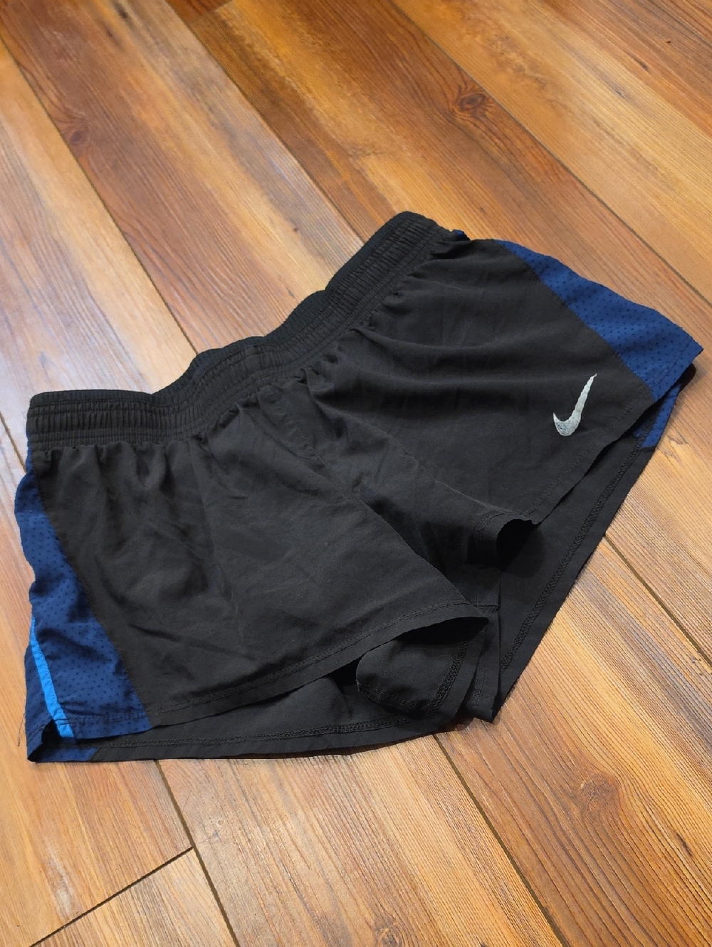 Nike Black Shorts with Navy Side Panels and Silver Swoosh